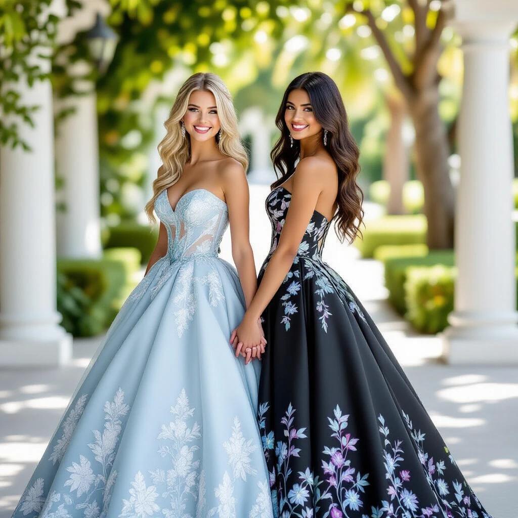 Full-body shot of two girls standing back to back. One girl has blonde hair in a light blue ball gown with silver floral embroidery. The other girl has long black hair in a blush pink gown with gold embroidery. They hold hands in front of white columns in a lush garden. Natural sunlight illuminates the scene.