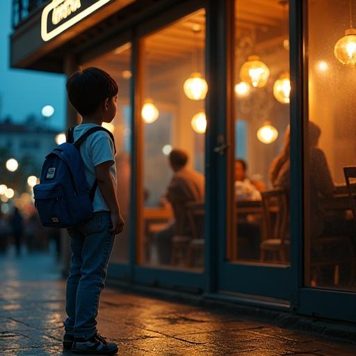 Fotorrealista, escena en Puerto Madero, Buenos Aires, año 2012. Niño observando un restaurante iluminado. Luz cálida y nostálgica. Adulto fumando afuera. Reflexiones en el vidrio. Atmosfera emocional.