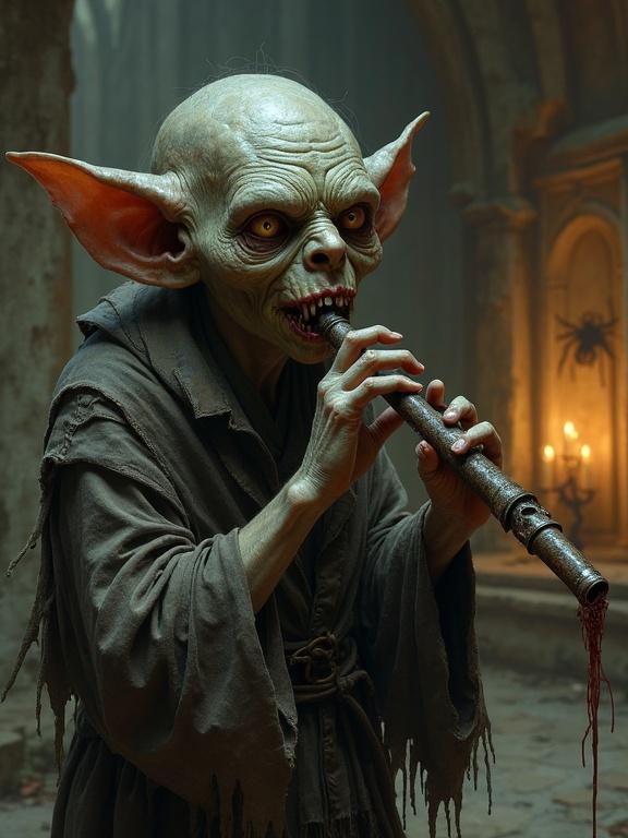 Goblin bard in rags playing a cracked flute. Face with sickly pallor and rotten teeth. Sunken cheeks. Background features an abandoned church with spiders and candles. Style resembles dark fantasy art with shadows.