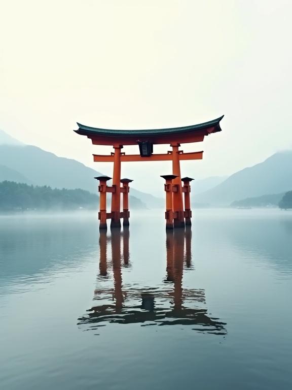 A large orange floating torii gate reflecting on calm water. Soft diffuse fog surrounds hazy mountains. A serene lake setting features tranquility and breathtaking beauty.
