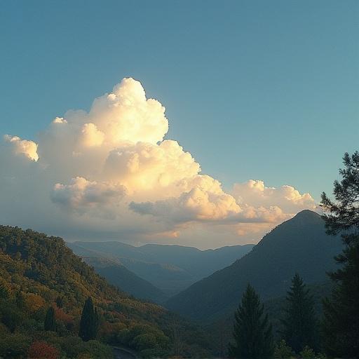 A sky with large, fluffy clouds above a mountain landscape at golden hour.