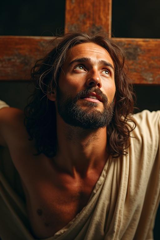 Ultra-realistic 4k overhead view of Jesus on the cross looking up with mercy