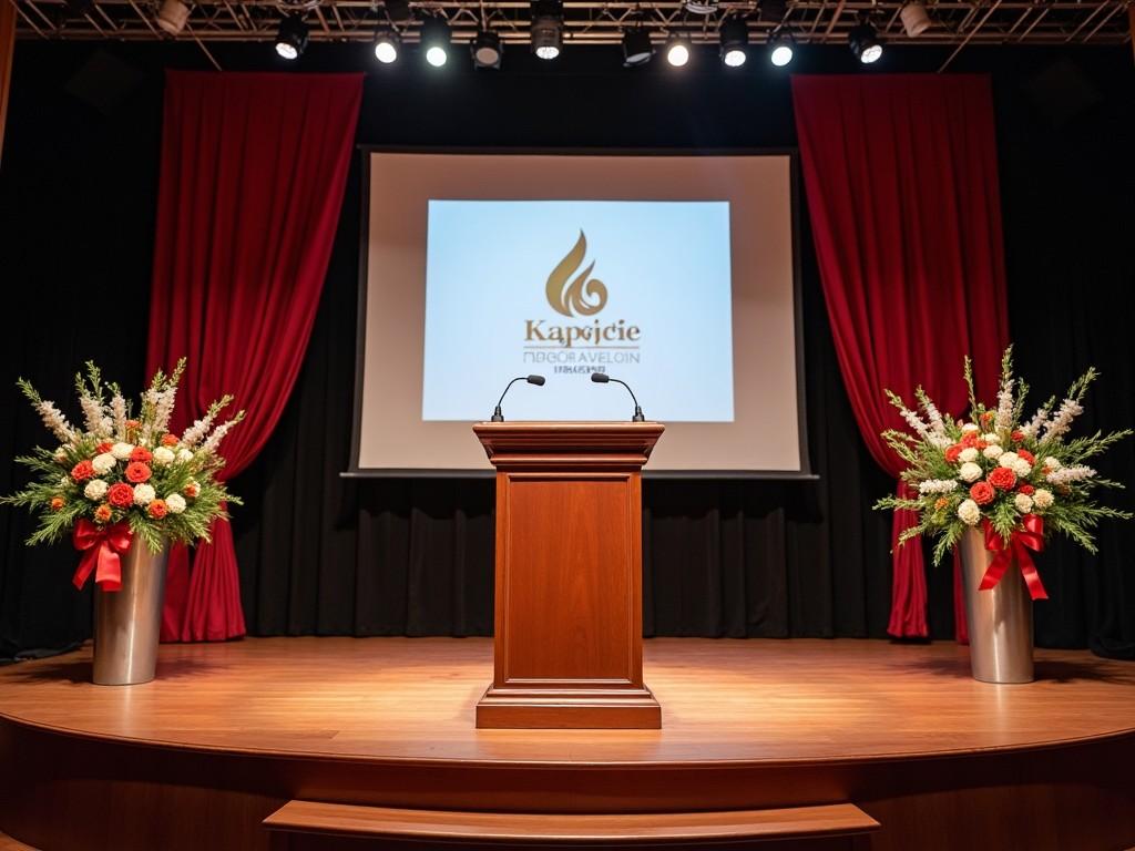 The image showcases a well-prepared stage for a formal event. At the center stands a polished wooden podium, ready for speakers. On either side, lavish floral arrangements add vibrant colors to the setting. A large screen in the background displays a brand logo. Red curtains enhance the stage's elegant appearance, creating a professional atmosphere.