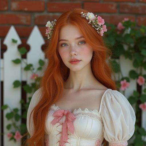 Image shows a young woman with red hair and floral hairpiece. She has fair skin, blue eyes, and rosy cheeks. Dressed in vintage white blouse with lace and red striped ribbon. Wearing white corset and pink accents. Expressing gentle smile. Background shows rustic picket fence with vines and pink flowers against a red brick wall. Scene has soft pastel colors and warm feel, photography style resembles fairy tales.