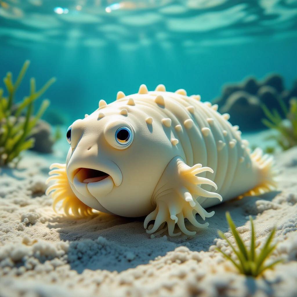 A realistic sea cucumber with a spherical body shape and a front mouth. The body has feeding tentacles and a translucent look. It is set on the ocean floor with sand and seagrass.