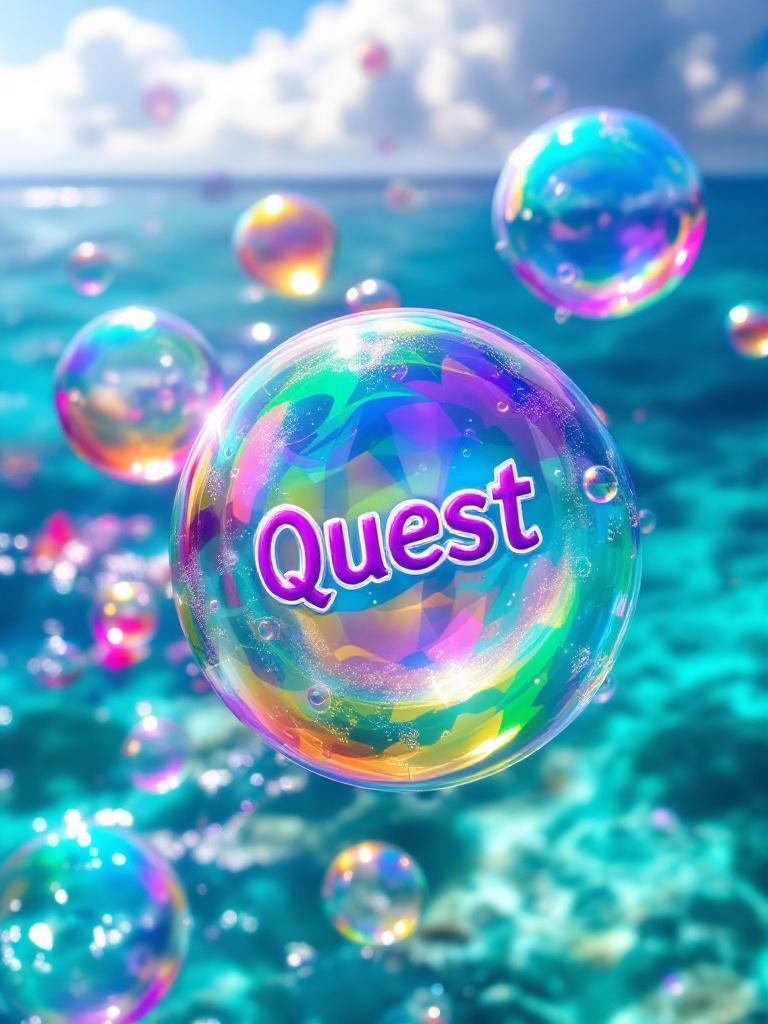 Create an image of few colorful bubbles floating above the Caribbean Sea. One bubble contains the word 'Quest' in purple. Bubbles vary in size and color. Vivid light reflects on bubbles and water. Scene conveys wonder and adventure.