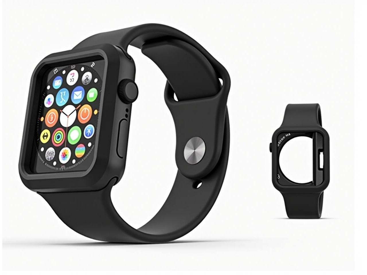 The image shows a black protective case for a smartwatch, possibly an Apple Watch. The case is shown both on the watch and separately, highlighting its design. The watch face is visible, displaying a digital watch face with various elements like time and music information. The case appears to be made of a durable material, providing a rugged look. It's designed to fit snugly around the watch, protecting it from scratches and impacts.