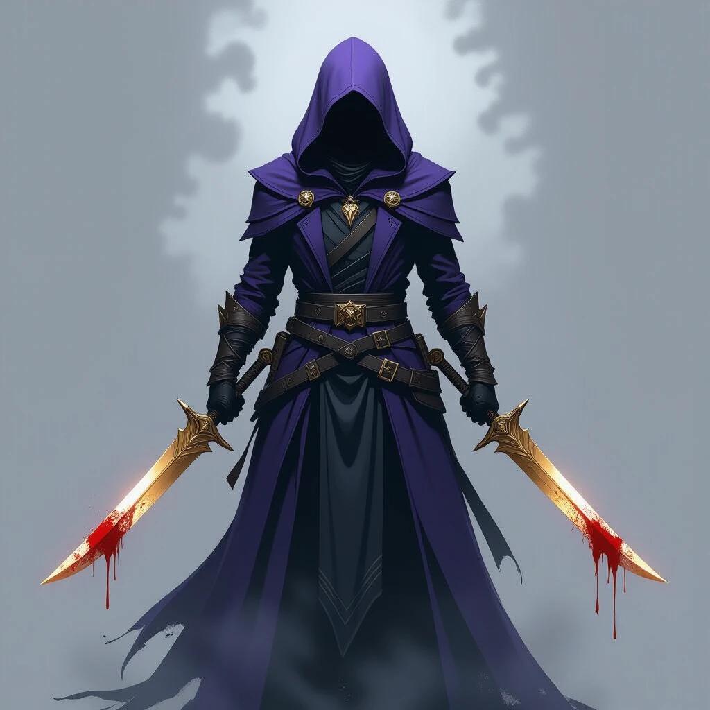 A shadowy hooded figure with purple, black, and blue colors. The figure holds two golden daggers, which are bloodstained.