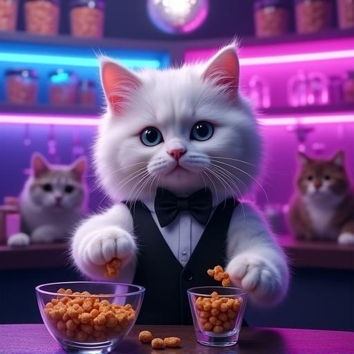Fluffy white cat is a bartender in a trendy nightclub for cats. Cat behind a neon-lit bar counter pouring cat treats from a large bowl into small bowls. Cat wears black vest and bowtie. Behind the cat are shelves with cat food jars glowing in purple and blue lights. Background has cat customers sitting and dancing under a disco ball. The atmosphere is moody with dark tones and neon accents.