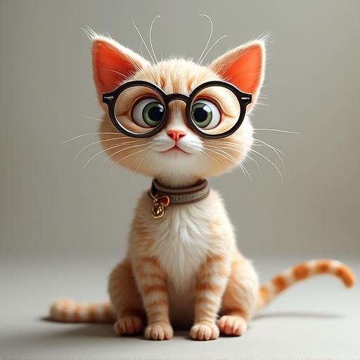 A cute cat with glasses. The cat is orange and fluffy. It has large eyes and a playful expression. The background is simple and neutral.