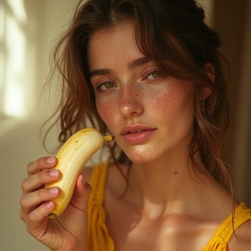 Woman enjoys a banana in soft sunlight. Warm and dreamy ambiance. Shy girl with freckles. Delicate yellow outfit enhances the scene. Relaxed moment with a focus on the banana.