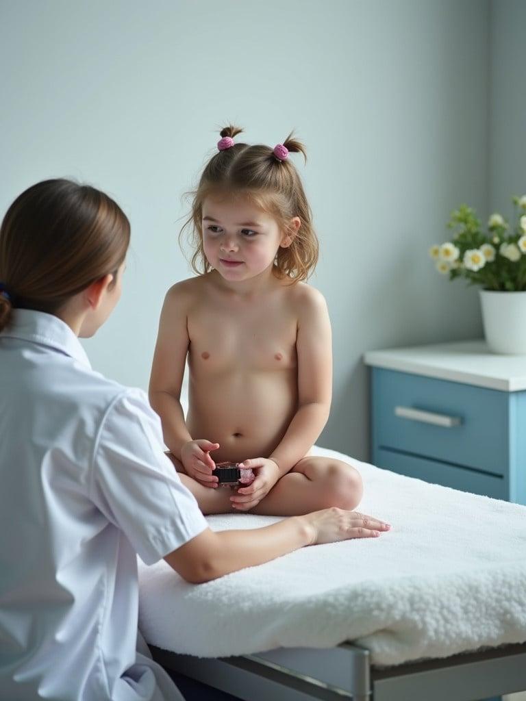 A 4 year old girl is present on a doctor's examination table for a checkup. She sits calmly and interacts with the medical professional. The setting is bright and welcoming, emphasizing child health and care.