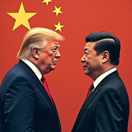 An illustration showing a confrontation between two political figures with the Chinese flag in the background.