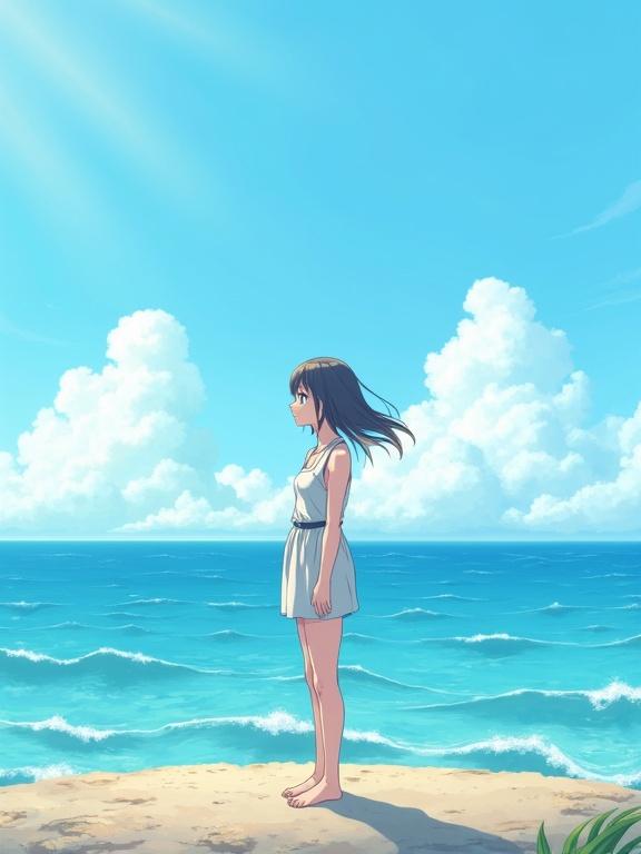 Anime-style illustration of a girl standing alone at the edge of a cape. She gazes into the distance with a calm expression. Her hair flows in the sea breeze. Wearing a light summer outfit. Ocean and waves behind her. Sky is clear and serene. Vertically oriented image.
