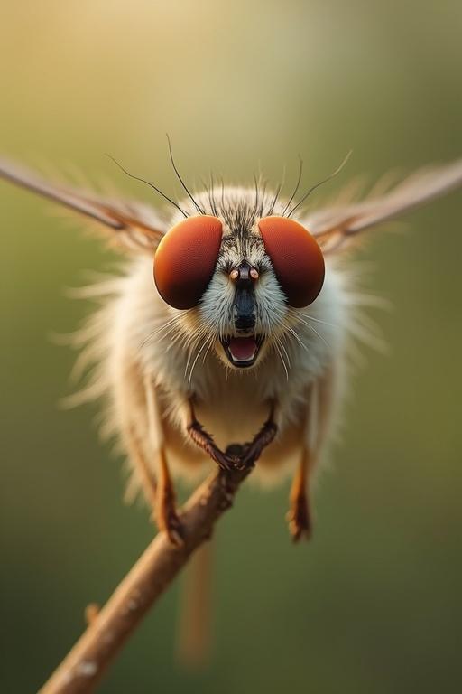 A whimsical representation of a cat fly. The creature shows large, vivid eyes. The fur is fluffy and resembles a cat's. The insect has wings prominently displayed. The background is filled with soft colors suggesting a natural setting.