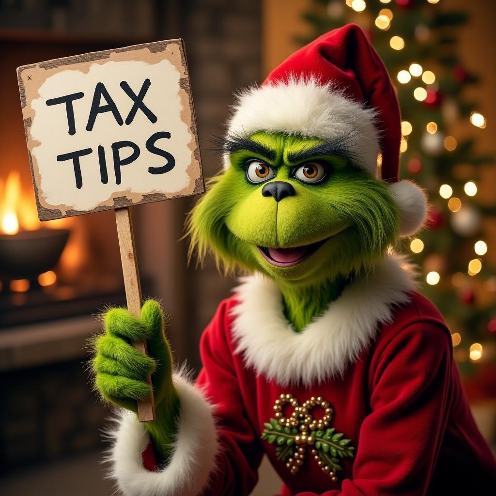 The Grinch is in a festive setting. The Grinch is in a red outfit with a white collar. The Grinch is holding a sign that reads Tax Tips.