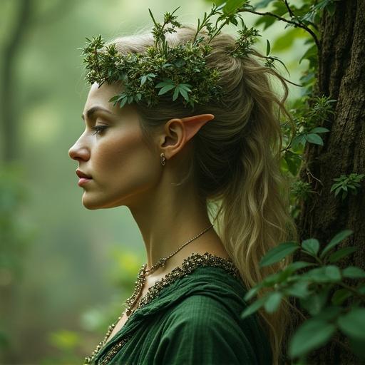Elven Goddess of Lust and Nature. Surrounded by lush greenery. Floral crown on head. Elegant attire. Long flowing hair. Soft ethereal appearance.