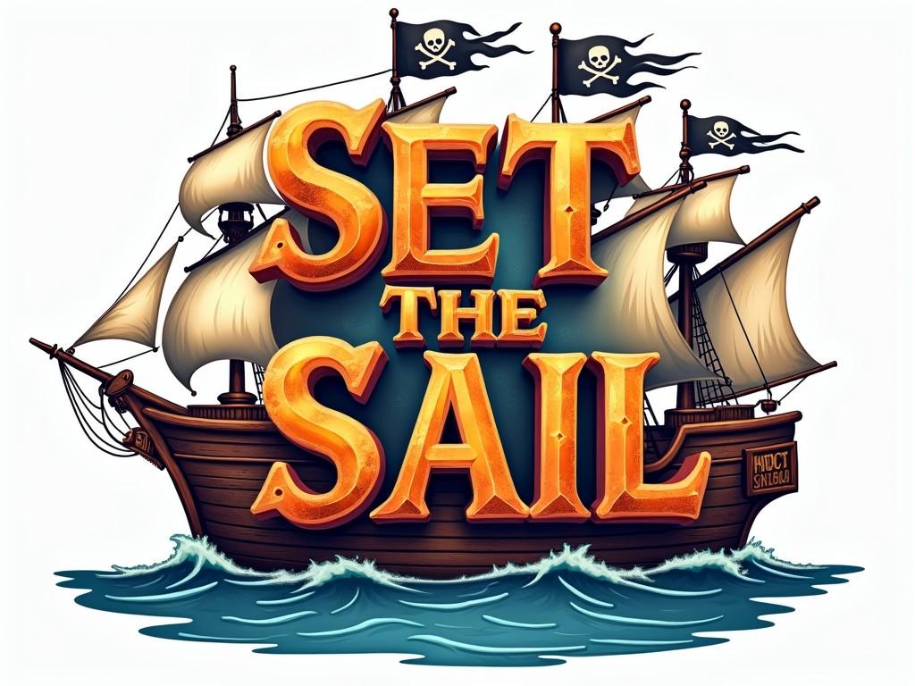 This vibrant illustration features a classic pirate ship with prominent white sails emblazoned with Jolly Rogers set against a dynamic ocean backdrop. The large, bold lettering of 'Set the Sail' takes center stage, immediately grabbing attention with its golden-yellow tones that contrast with the deep blue sea. The ship and text create an adventurous and slightly whimsical feel, reminiscent of classic pirate tales and seafaring adventures.