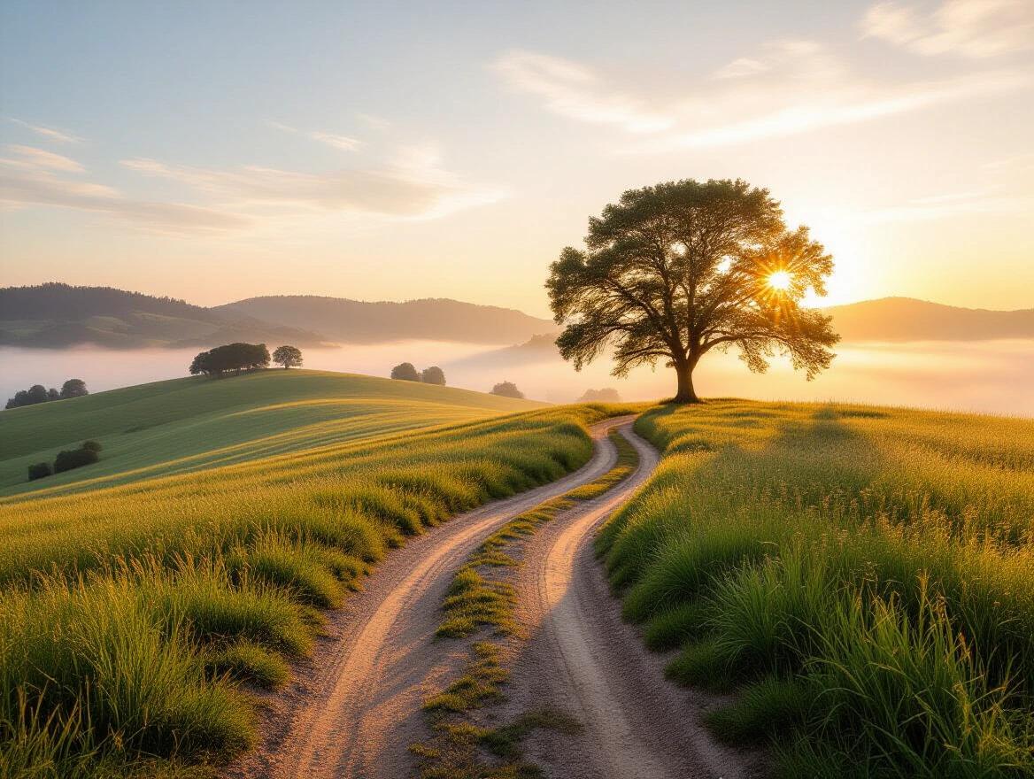 ultrawide landscape photograph depicting a lone tree on a hill at sunrise featuring a winding dirt path that draws attention to the tree with soft morning light and high detail