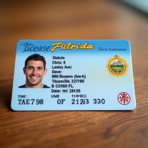 One driver's license shown on wood table. Identification information printed on it. License is facing the camera. State is Florida. First name is Chris. Last name is Dave. Address is 980 Rozen Ave, Titusville, Florida, 32780. Color scheme is light blue with gold accents. The design mimics authenticity of a government-issued driver's license.