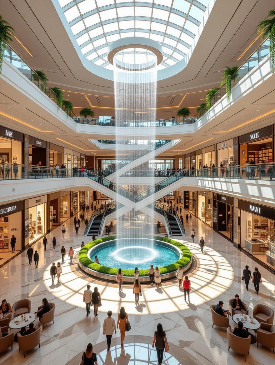 A sprawling ultra-modern shopping center. Diverse crowds of shoppers and tourists. Expansive interior with gleaming marble floors. Towering glass ceilings allowing natural light. High-end luxury brand storefronts with elegant signage. Famous indoor waterfall cascading down multiple levels. Surrounded by lush greenery and stylish seating areas. Shoppers engaged in browsing stores and dining at cafes. Vibrant and sophisticated atmosphere. Blend of modern luxury and cultural richness unique to Dubai.