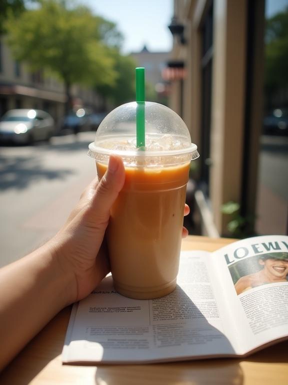 Person holds clear plastic cup of iced coffee with green straw. Folded magazine shows LOEWE. Scene is sunny outdoors.