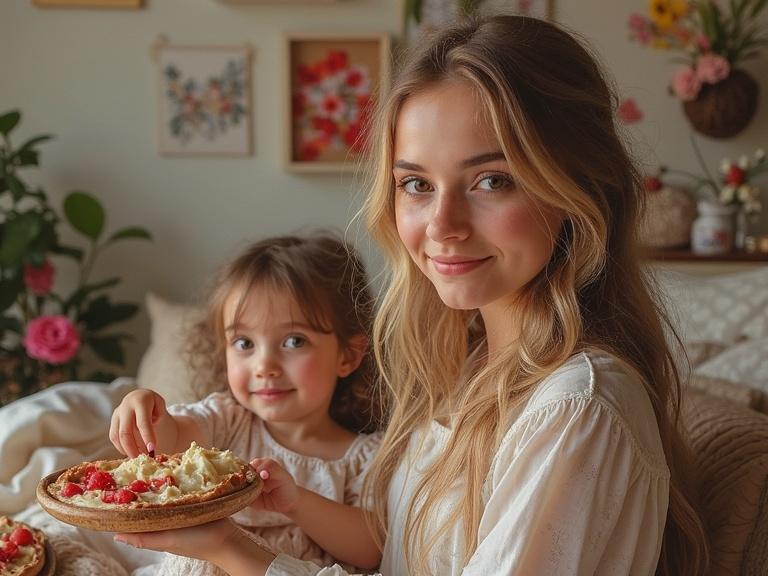 A young woman seated with a child, both smiling. They are in a cozy setting filled with plants. The woman holds a dessert plate. The child is reaching for a treat. Soft, warm lighting creates inviting ambiance.