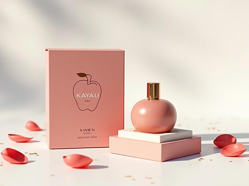 3D render of KAYALI Eden Juicy Apple 01 perfume packaging. Slim box with rounded corners and satin finish. Debossed logo in gold foil with apple illustration. Partially opened box shows ivory interior and perfume insert. White background with natural shadows. Rose petals and golden dust scattered for decoration. Photorealistic vertical composition.