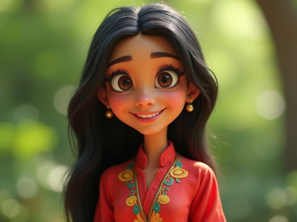 Create a claymation style character inspired by a portrait of a female with warm skin tone, long dark hair, and a bright smile. She wears a vibrant red outfit adorned with intricate colorful patterns. The background consists of soft green hues indicating a natural setting. The character should capture the friendly expression and charming demeanor, with exaggerated features typical of claymation, such as bulging eyes and a playful pose, while maintaining the essence of the original image.