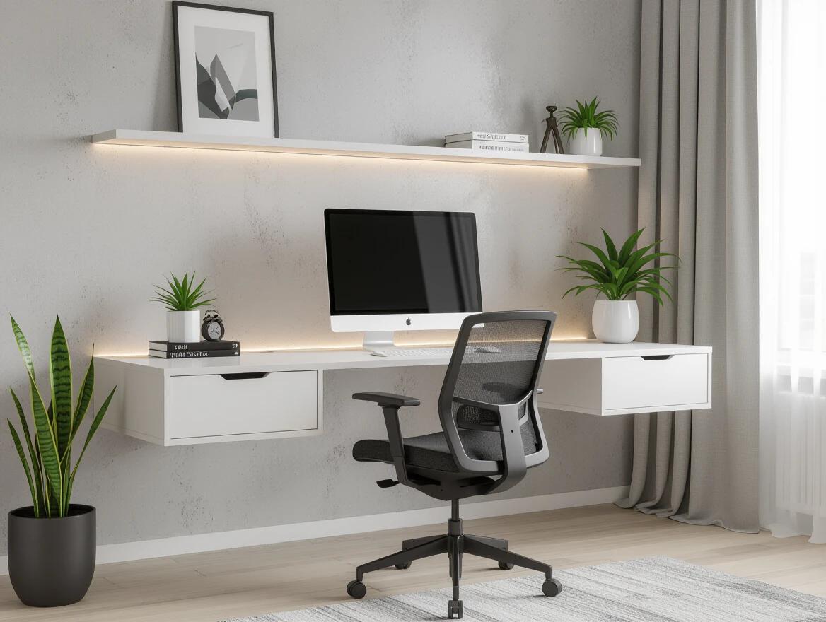Show a minimalist home office setup highlighting a floating desk and ergonomic chair. Include a central monitor with a keyboard and mouse. Use LED lights to enhance the space with soft morning light. Display a snake plant in a ceramic planter. Focus on a clean aesthetic with no visible clutter.