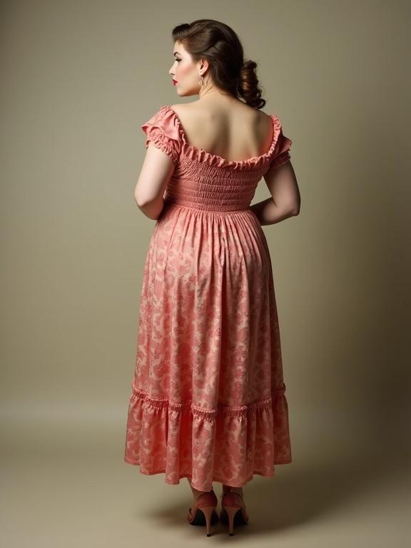 A woman in a vintage pin-up dress stands with her back facing the camera. She has wide hips and is wearing heels. Her hands are in her hair, and the view is from the side.