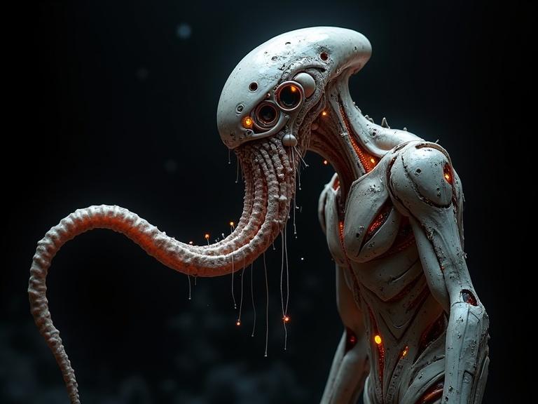 Creature with tentacles and humanoid features. Exosuit made of metallic material with LED lights. Dark background enhances details of the design.