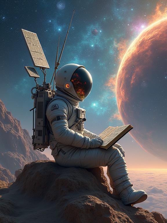 An astronaut sits on an asteroid. Intricate antennas are on the helmet. Colorful sound waves emerge from space sources. Listen to cosmic sounds. Solar panels like wings. Small satellites orbiting. Open notations floating nearby. Nebula resembling an ear in the background.