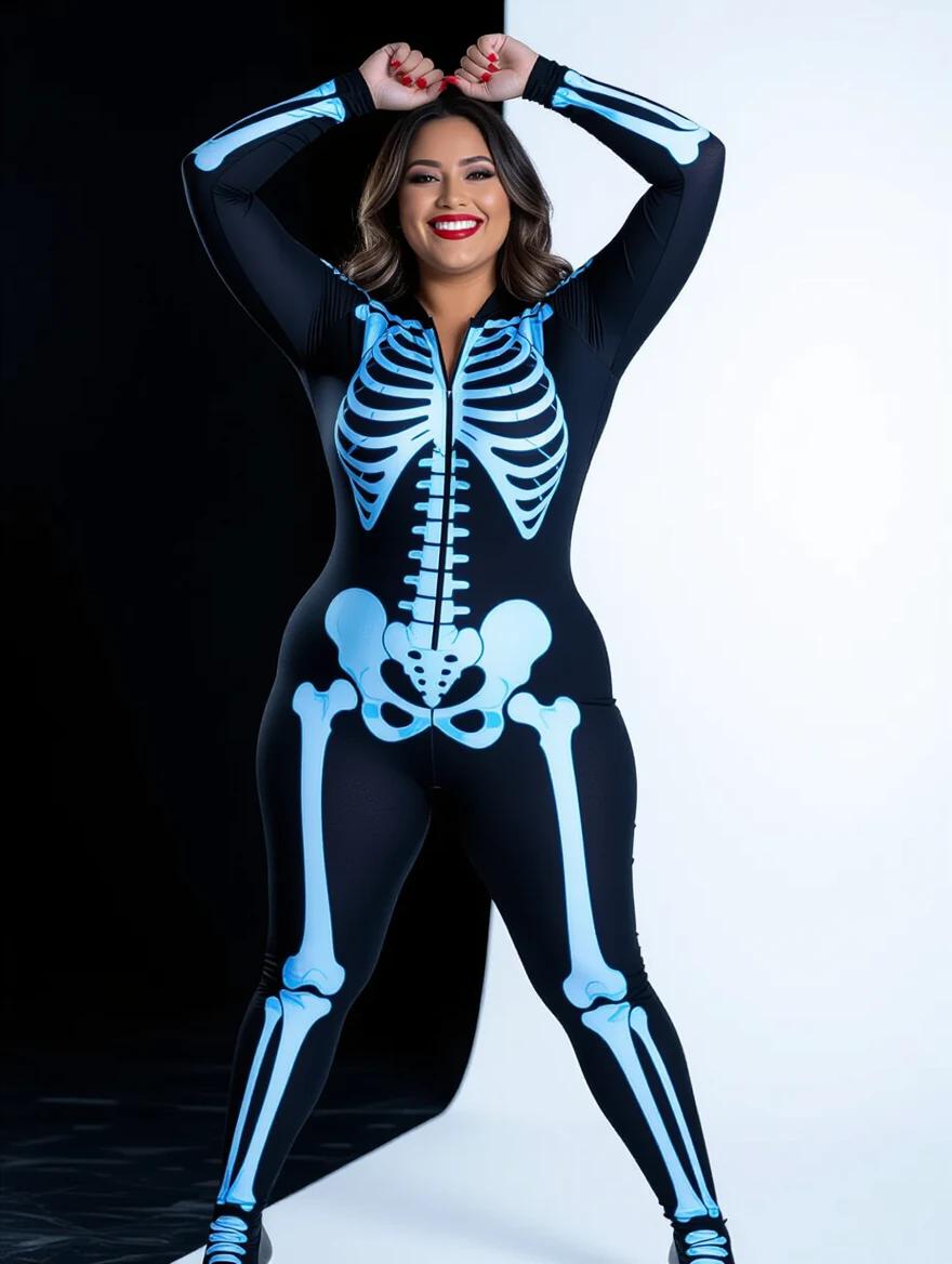 Photograph showcases a confident woman posing in a full-body skeleton bodysuit. The bodysuit features a striking blue and white skeleton design against a black background. The woman smiles engagingly and holds her arms above her head. She wears red lipstick. The outfit is designed with a zipper and fits closely, emphasizing her figure. The lighting is bright and the photo captures her lively demeanor. The overall style is festive and fun, appropriate for Halloween or costume events.