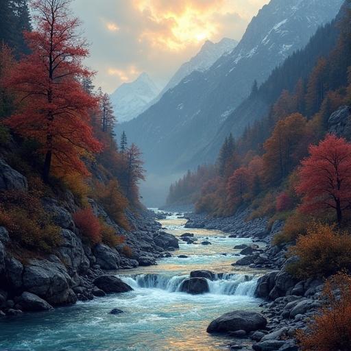 A detailed hyper-realistic digital artwork of a Swiss Alps rocky rapids river deep valley. The scene features vibrant autumn colors with trees displaying red, orange, and yellow leaves. An ibex is drinking from the river in a foggy atmosphere during sunset. The image showcases a serene and ethereal ambiance.