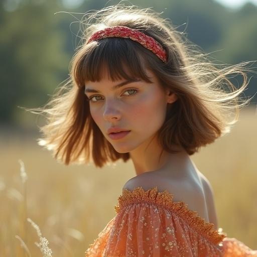 18 year old female model with vintage hairstyle and shy expression dancing in a field. Hair flowing in wind wearing a delicate long dress with haute couture elements. Taken from a low angle perspective with a soft bokeh background.