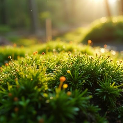Closeup of vibrant wet moss illuminated by sunlight. Tiny orange flower buds peek through the green moss. Soft focus background of a sunlit forest.