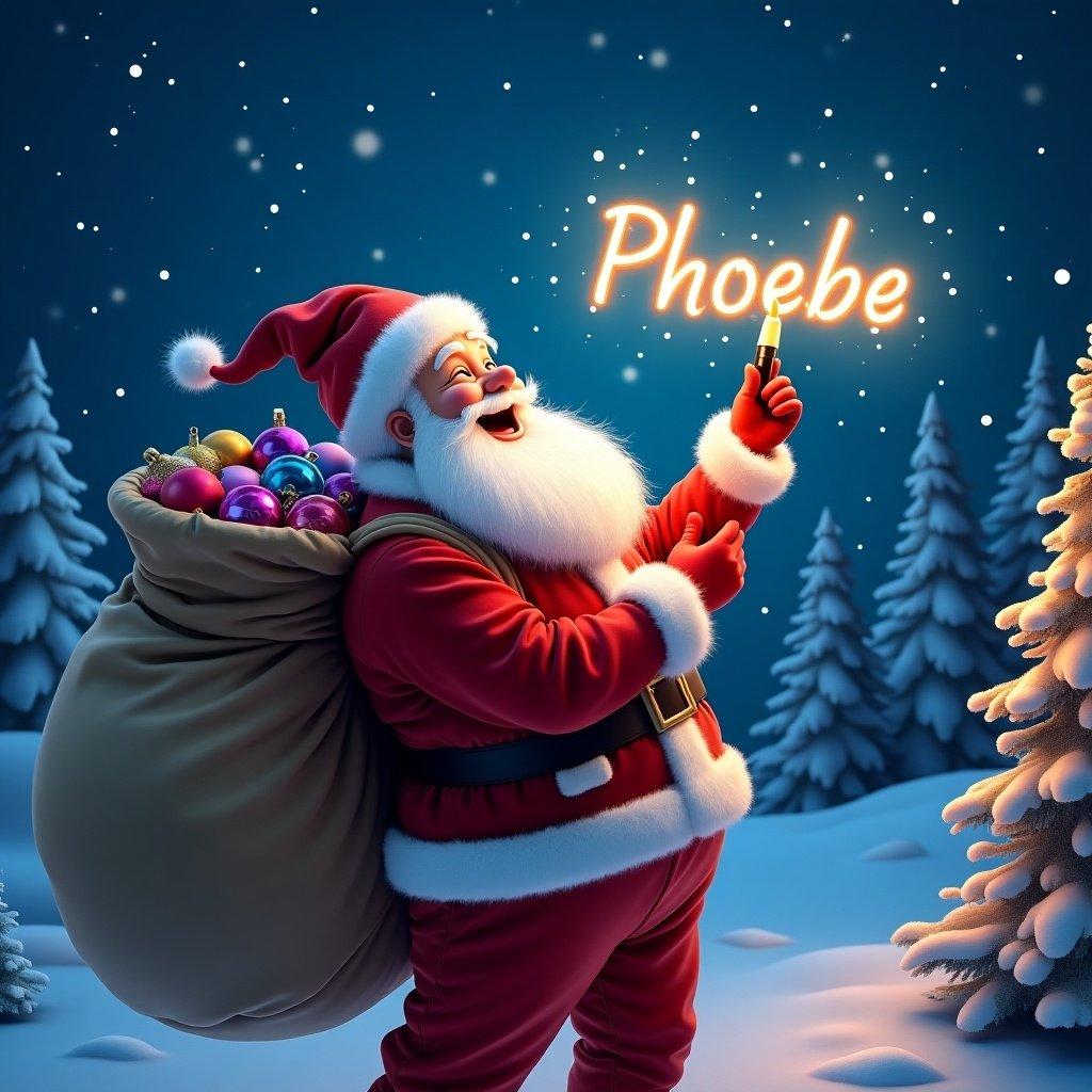 Cheerful Santa Claus in red suit writing name Phoebe in night sky with glow pen. Cozy winter landscape with snow-covered trees. Soft lighting and colorful ornaments in his sack. Evokes magic and wonder for holiday celebrations.