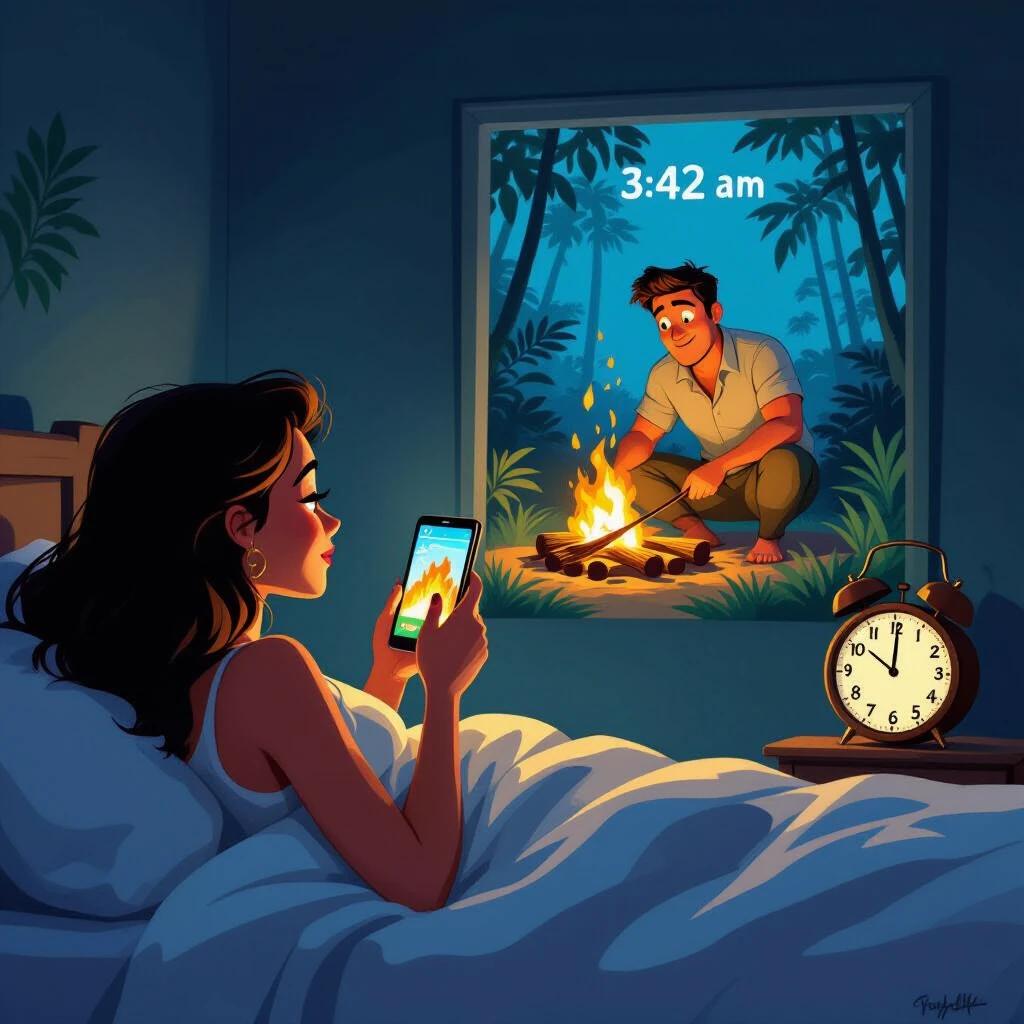 A woman is in bed resting on white sheets. She holds a smartphone in her hand. The screen shows a man making firewood in a jungle wearing leaf clothing. A bedside clock shows 3:42 am. The window reveals the jungle scene outside. The art style is inspired by Disney Pixar.