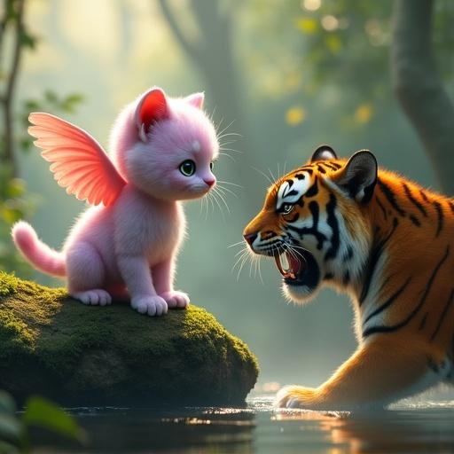 Fluffy anthropomorphic kitten with pastel pink and lavender fur stands on a mossy rock. Wings outstretched, staring at a snarling tiger. Sunlight shines through jungle trees, fog around water.