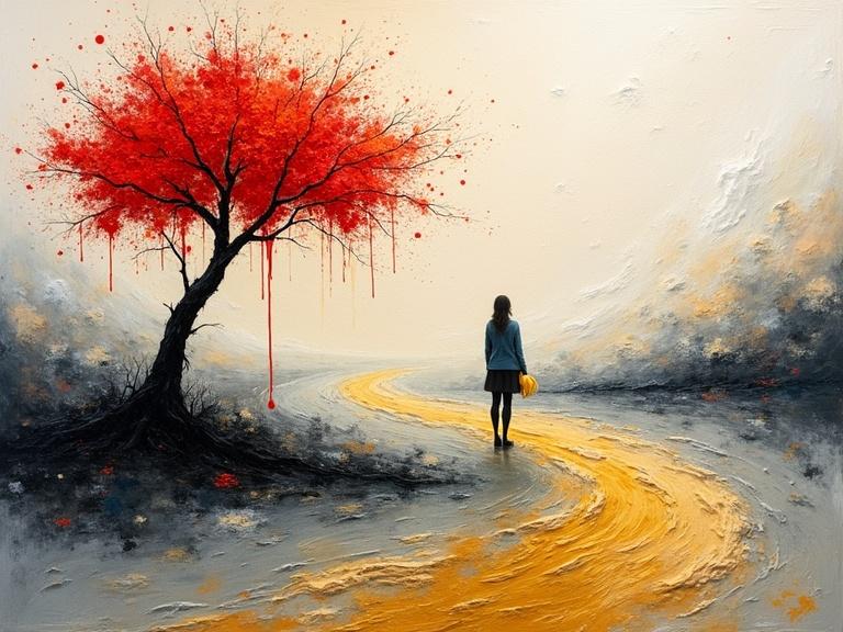Abstract impasto-style painting with vivid red tree and thick brushstrokes. Dramatic contrast against beige gray background. Sky with layered textures, soft tones. Winding golden-yellow path. Woman holding banana.