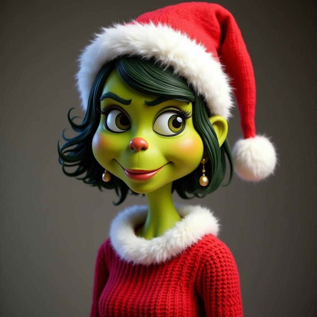 Character inspired by the Grinch Wearing a red sweater with white trim and a matching Santa hat Features bright colors Cartoon features Short hair