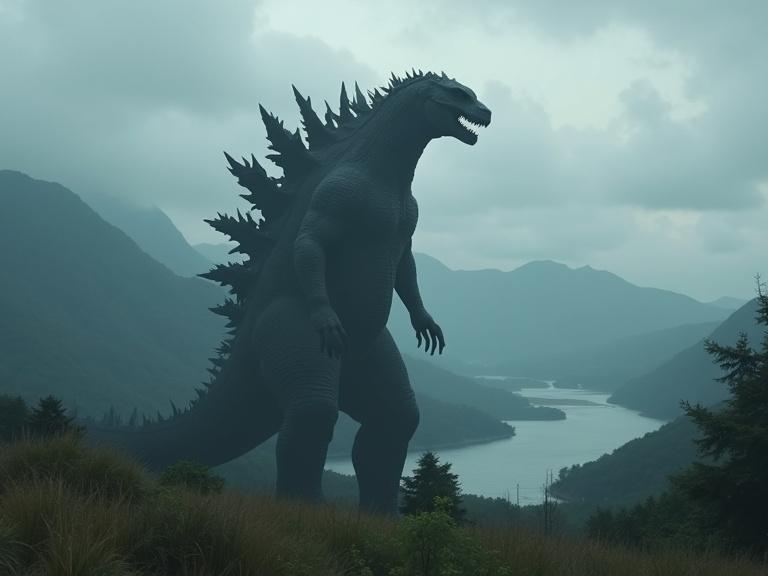 Dark cinematic scene featuring a large Godzilla silhouette on grassy land. Huge dorsal spines, round head, and t-rex feet. Background includes hills, trees, and mountains with a reflective river. Overcast, foggy setting with atmospheric lighting.