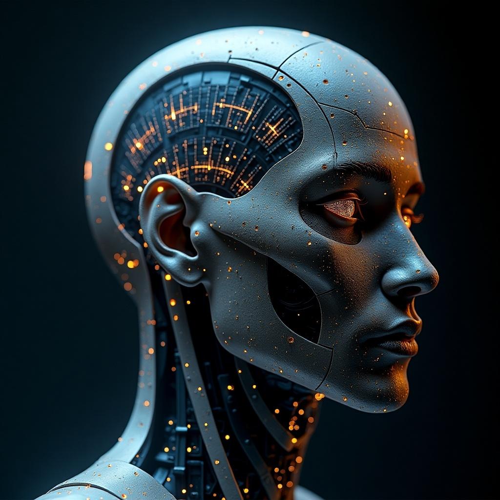 This image features a detailed profile of a humanoid robot's head, showcasing intricate circuitry and glowing lights. The robot's design is sleek, with a meticulously crafted surface that highlights the complexity of its internal components. The lighting enhances its features, creating a dramatic effect that captures attention. The blue and orange color palette creates a futuristic vibe, suggesting advanced technology. This representation of AI emphasizes the intersection of creativity and technology in storytelling.