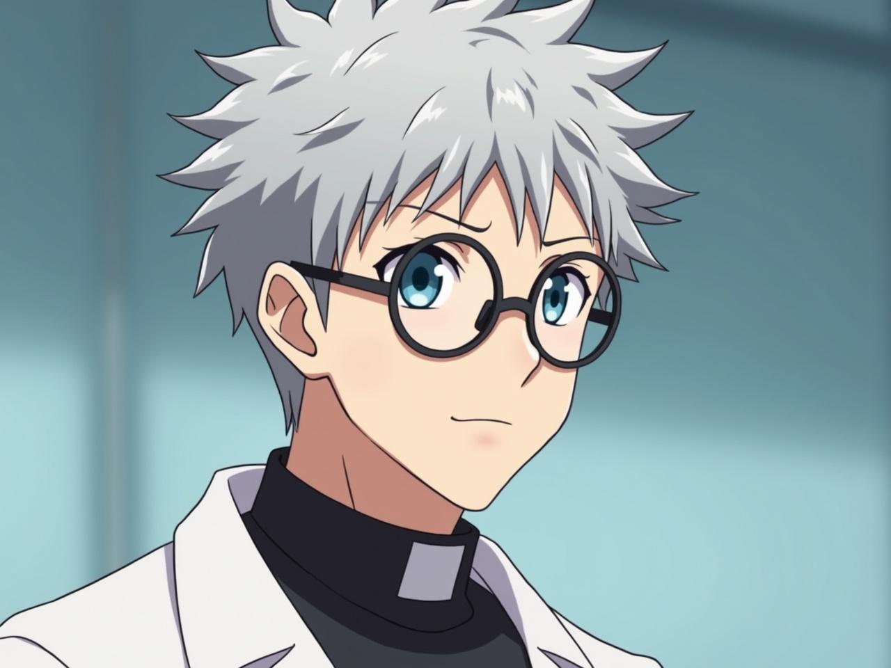 This image features an animated character with short silver hair and striking blue eyes. He wears round-rimmed glasses that accentuate his intelligent demeanor. Dressed in a doctor's coat, he exudes a scholarly vibe, blending the roles of a medical professional and a cleric. The character has a clean-shaven face, enhancing his youthful appearance. The backdrop is softly blurred, keeping the focus on his expressive features. This character would fit well in a fantasy or sci-fi narrative, embodying wisdom and care.