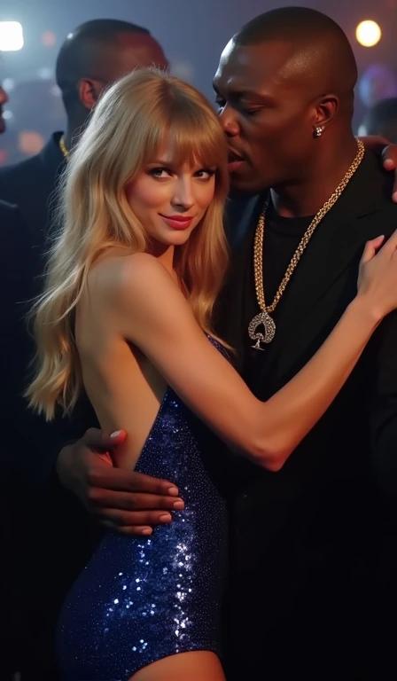 Scene in an underground nightclub with a close couple. The woman wears a blue sparkly bodysuit and black heels. She has long blonde hair and rosy cheeks. The man holds her close in a side angle shot. Nightclub is filled with other people and colorful lights. Full body shot to capture the atmosphere.