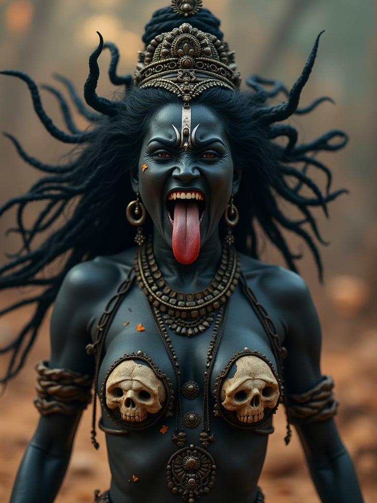 Cinematic shot of a powerful dark-skinned female deity. Depicted as Kali with red tongue out. Her appearance includes black skin, wild hair, and skulls. She expresses strength and fierce energy. Artistic representation emphasizes the mystical and fearsome aspects such as the intricate jewelry.