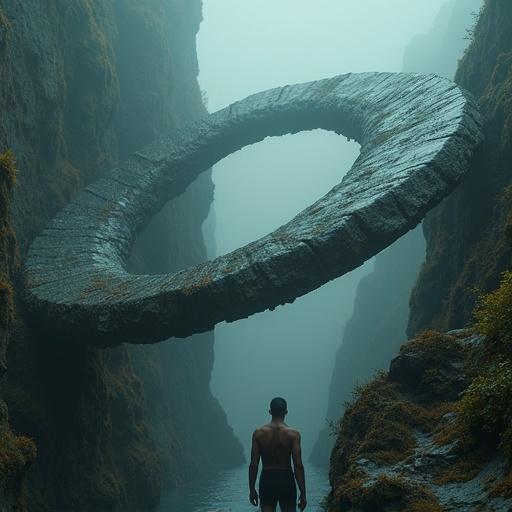 Wide shot photograph of a floating Möbius strip above a figure standing in a canyon. Cinematic atmosphere in a misty setting. Ultra detailed with intricate textures and complex composition. The scene evokes a sense of mystery and wonder.