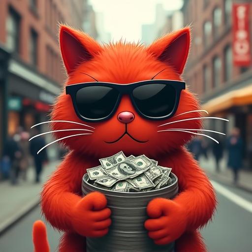 Cartoon themed meme coin image featuring a red cat with a serious expression wearing dark sunglasses. The cat holds a pot filled with dollar notes, set in a street background.
