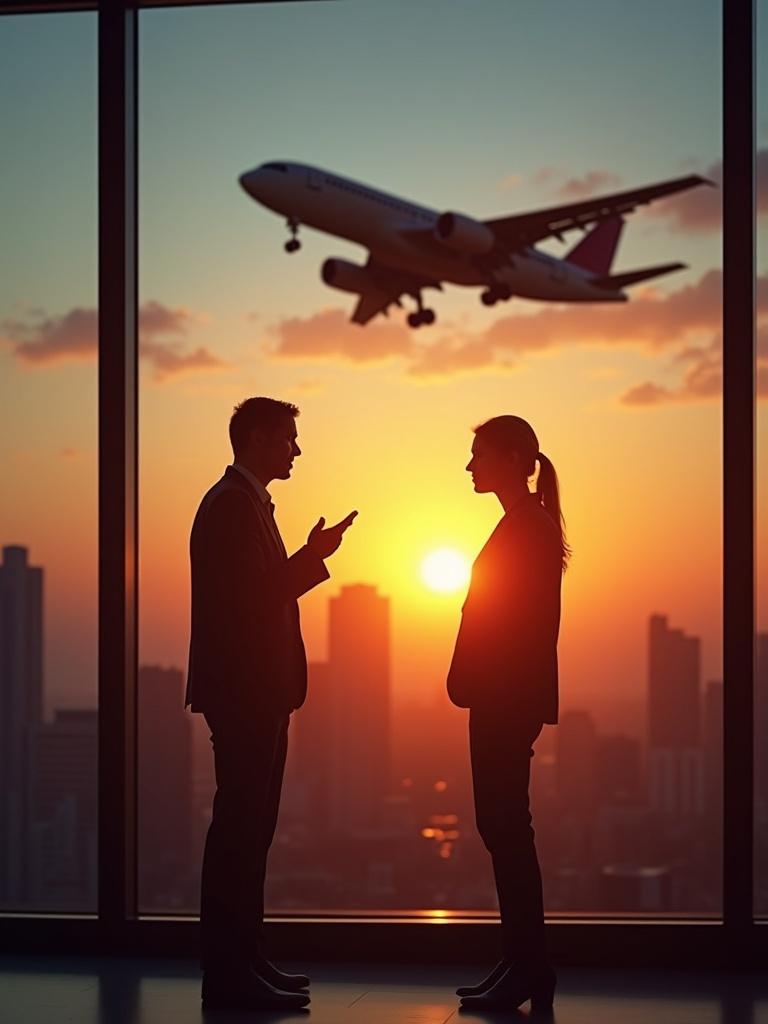 A businessman and client have a conversation. They stand in front of a large window. A plane flies in the background at sunrise. Skyscrapers are visible below them.